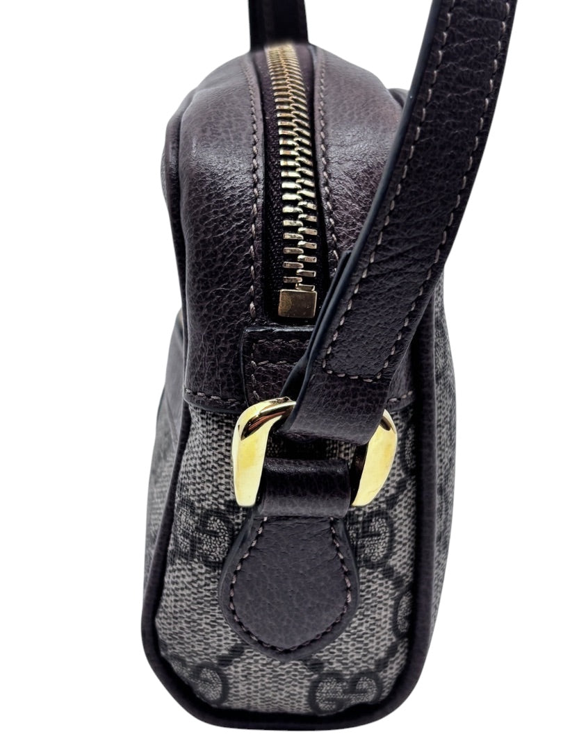 Posh Purse Co Gucci GG Ophidia shoulder bag side view showing monogram canvas, brown leather trim, and gold hardware