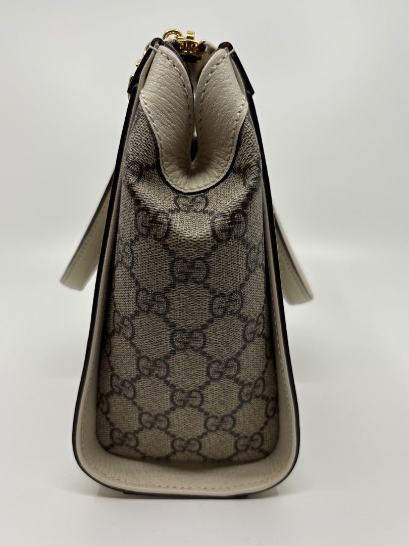 Posh Purse Co. Gucci Ophidia Small Tote in GG canvas with cream leather trim and gold hardware.