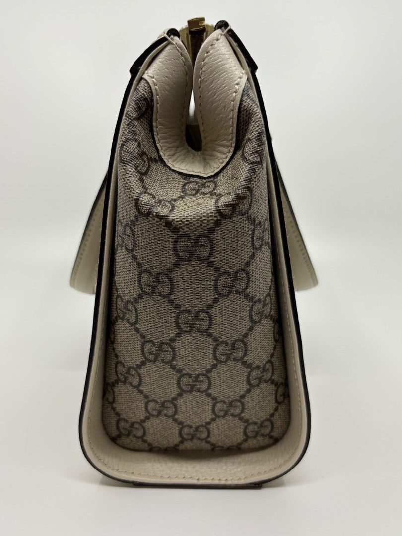 Posh Purse Co Gucci Ophidia Small Tote in GG canvas with cream leather trim and gold hardware.
