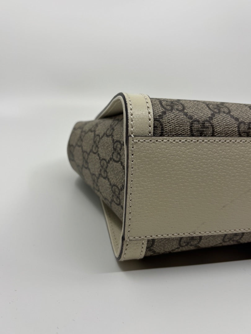 Posh Purse Co. Gucci Ophidia Small Tote in GG canvas with cream leather trim and gold hardware.