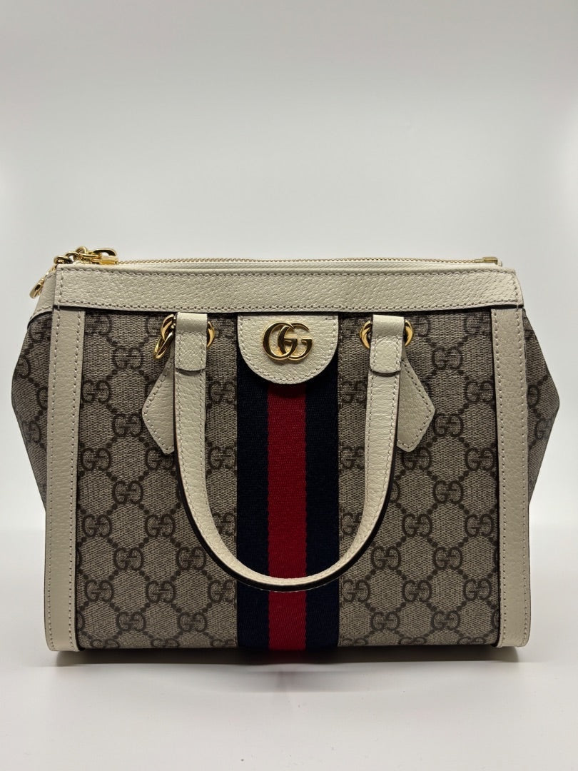 Posh Purse Co Gucci Ophidia Small Tote in GG canvas with red and blue stripe and gold hardware.
