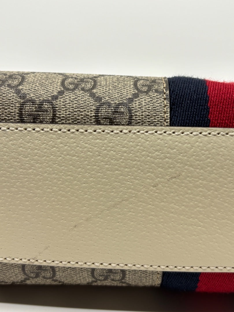 Posh Purse Co. Gucci Ophidia Small Tote in GG canvas with red and blue Web stripe and beige leather trim.