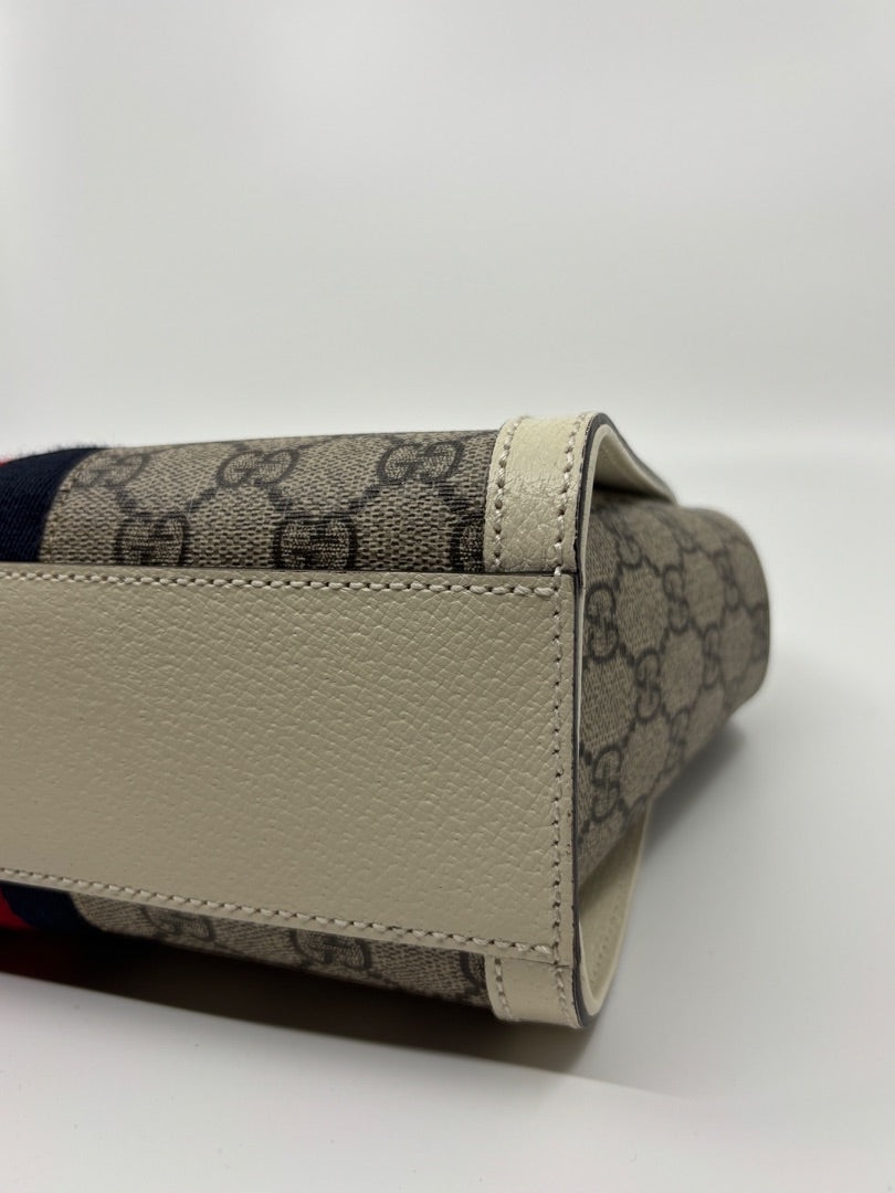 Posh Purse Co Gucci Ophidia Small Tote in GG canvas with red and blue Web stripe and beige trim.