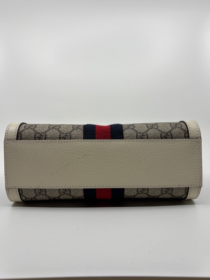 Posh Purse Co Gucci Ophidia Small Tote in GG canvas with red and blue Web stripe and beige trim.