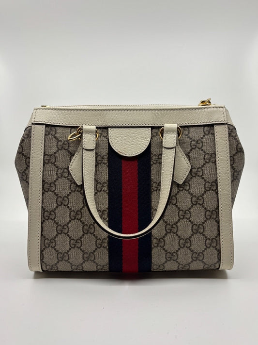 Posh Purse Co Gucci Ophidia Small Tote in GG canvas with red and blue Web stripe and cream leather trim.