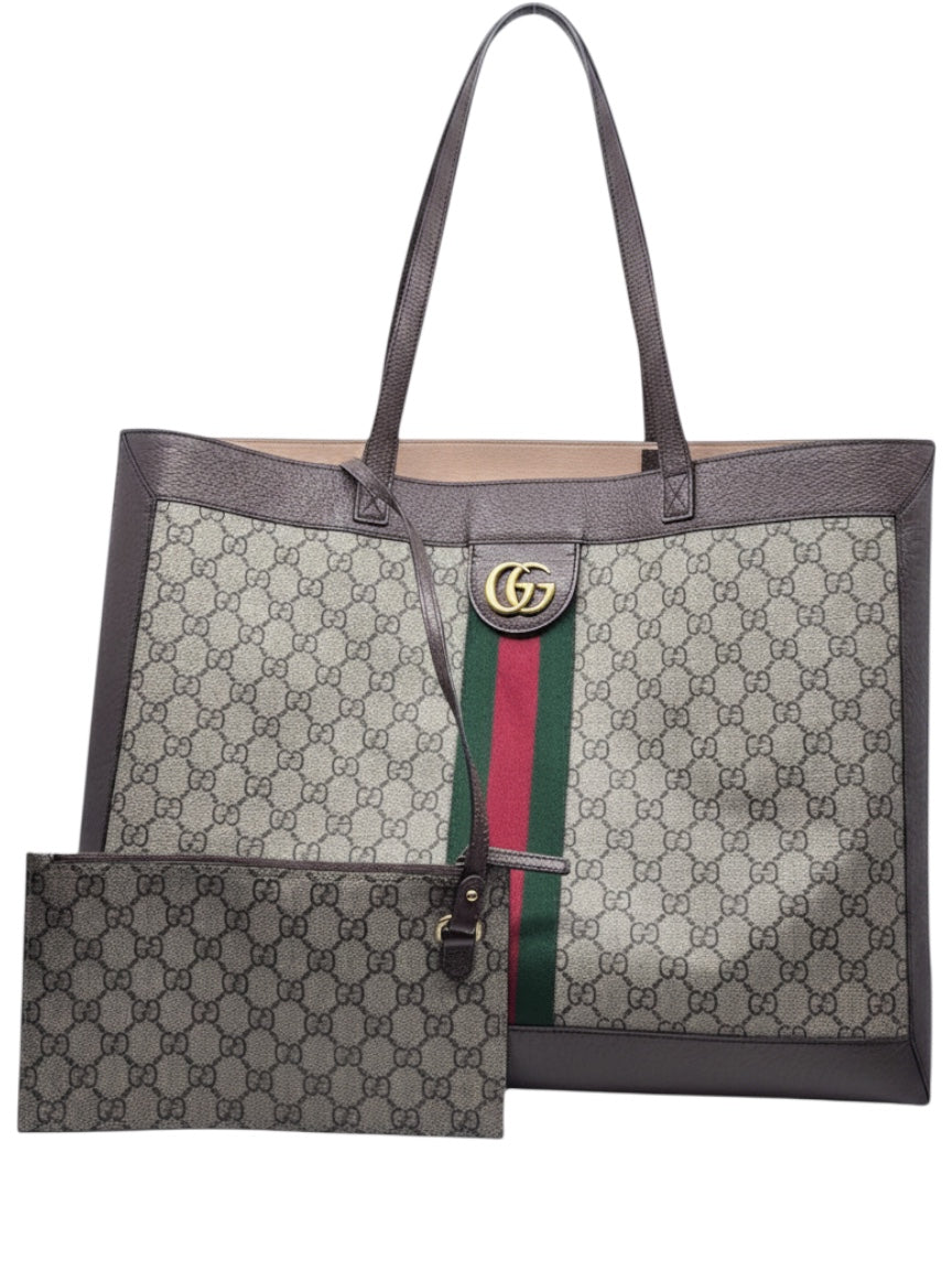 Posh Purse Co. Gucci Ophidia large tote in GG Supreme canvas with Web stripe, Double G hardware, and matching pouch.