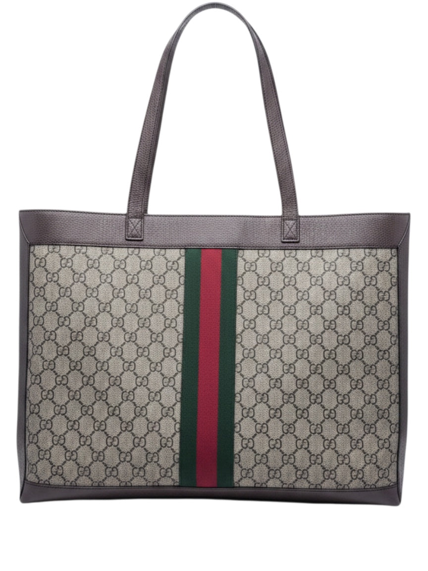 Posh Purse Co. preloved Gucci Ophidia large tote in GG Supreme canvas with signature Web stripe and leather trim.