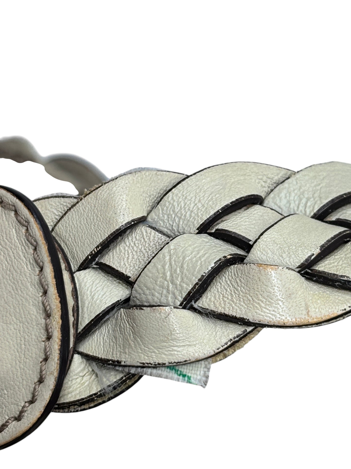 Close-up of the braided white leather handle on a Posh Purse Co preloved Gucci Pelham monogram handbag