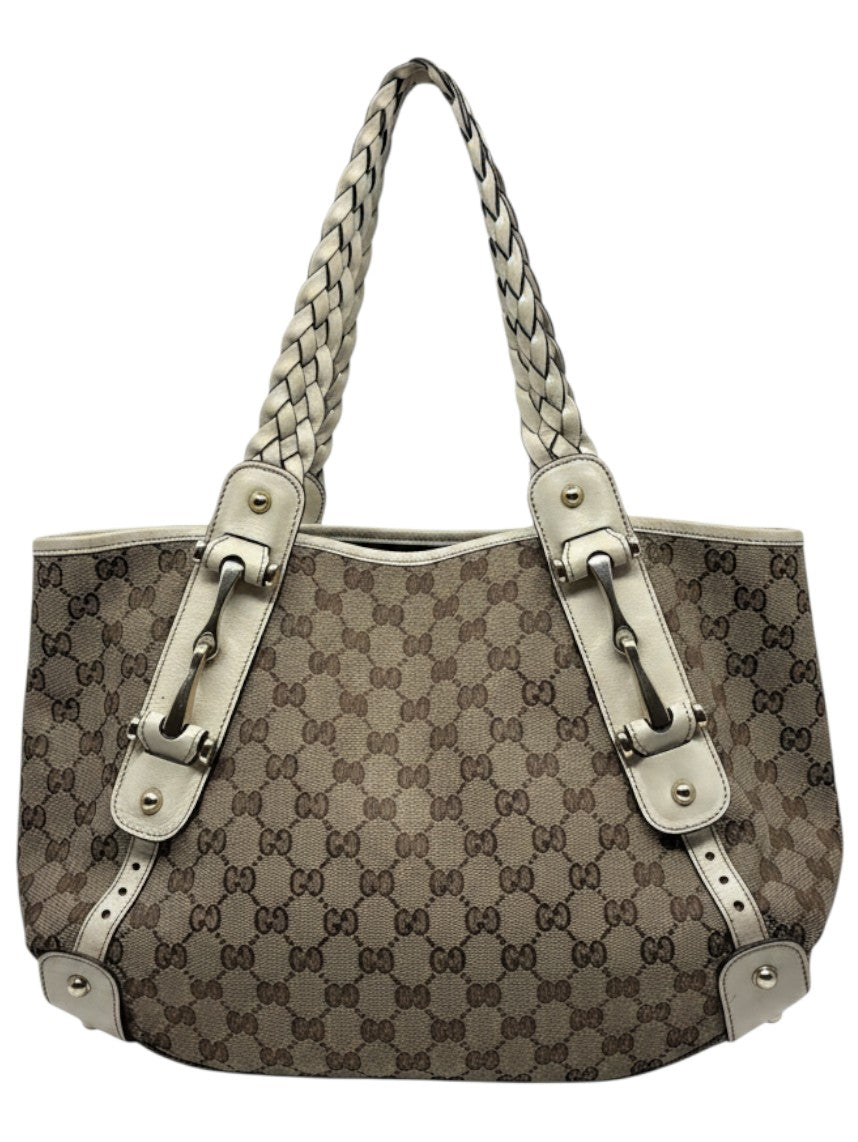 Posh Purse Co preloved Gucci Pelham handbag in beige GG monogram canvas with white braided leather handles