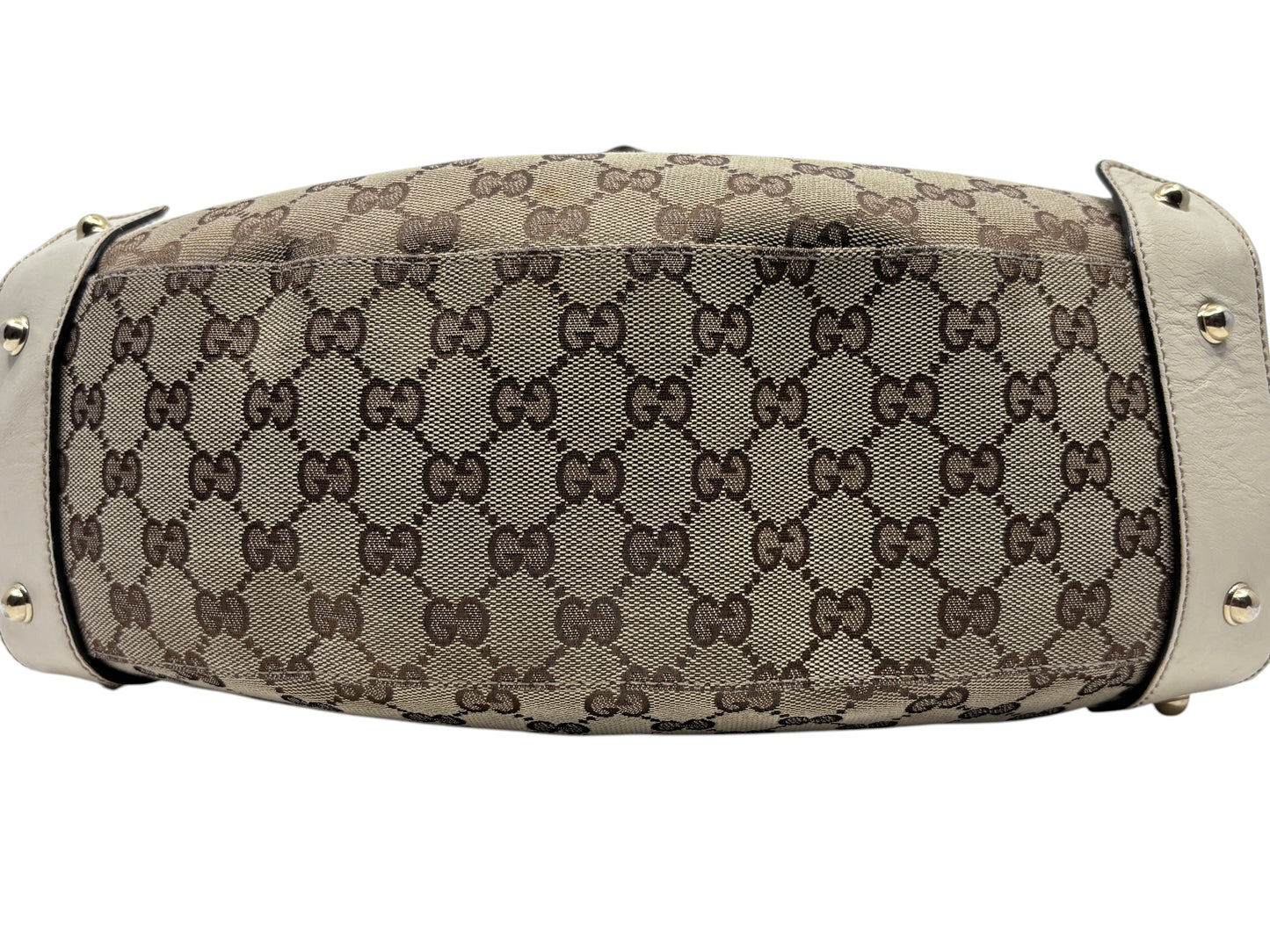 Posh Purse Co preloved Gucci Pelham handbag featuring iconic brown monogram canvas and cream leather side panels.