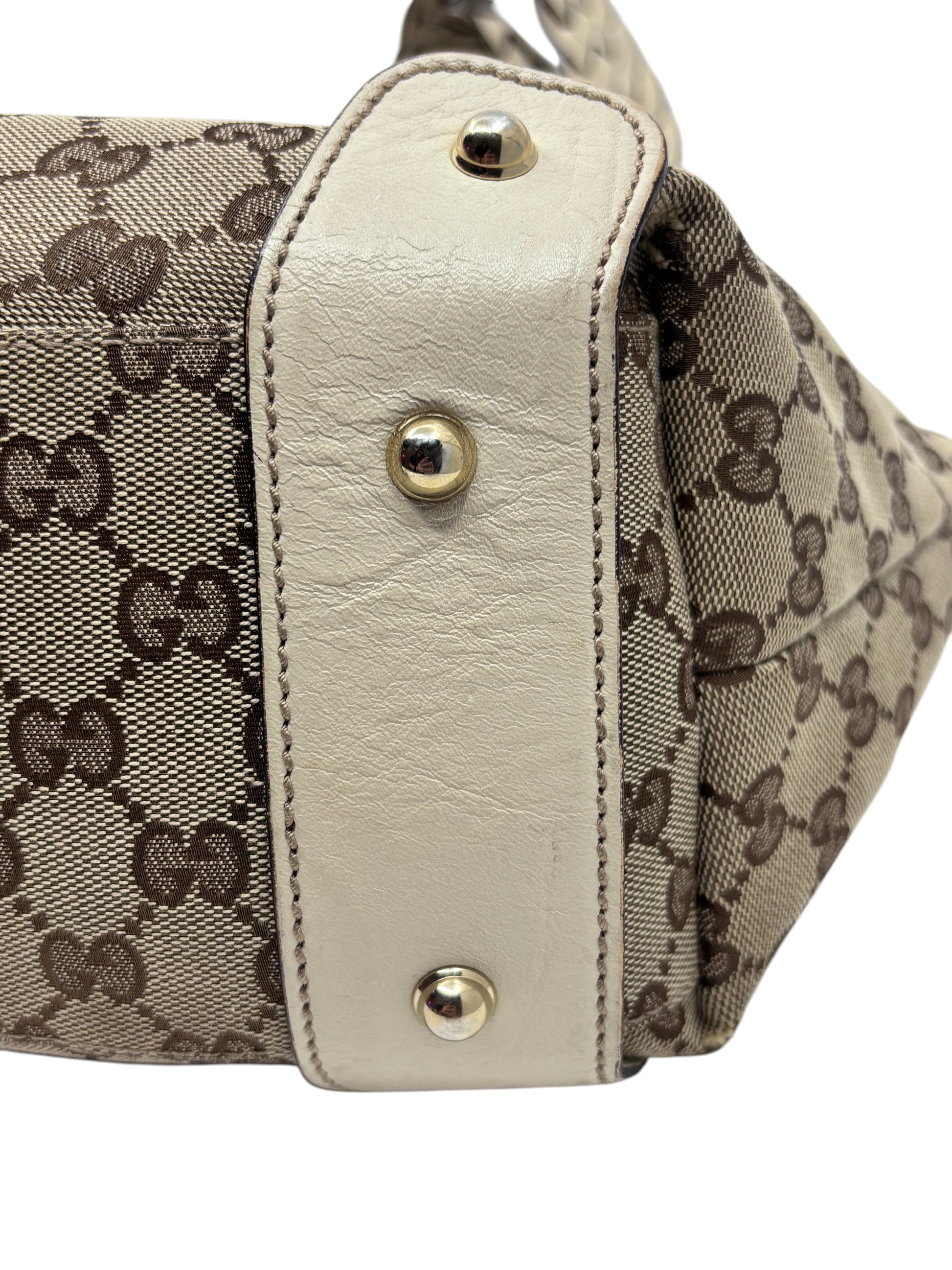 Posh Purse Co preloved Gucci Pelham handbag featuring beige monogram canvas and cream leather trim with gold studs