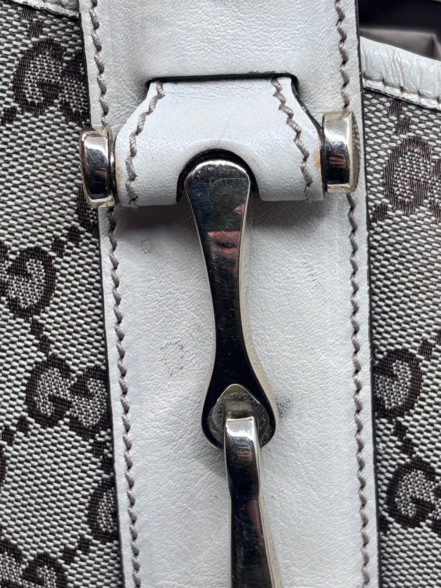 Posh Purse Co authentic Gucci Pelham handbag featuring signature monogram canvas and white leather trim hardware detail