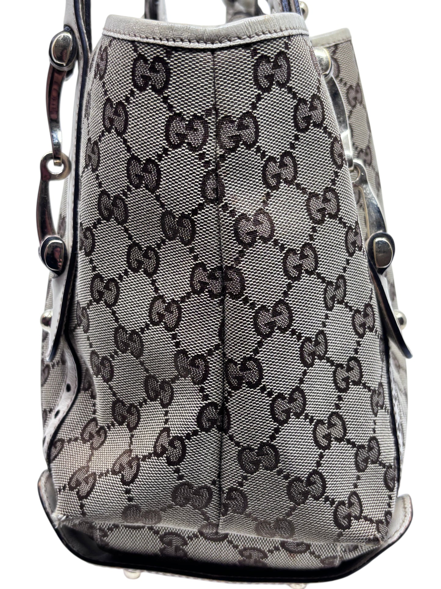 Posh Purse Co preloved Gucci Pelham handbag featuring iconic beige and brown monogram canvas with silver hardware