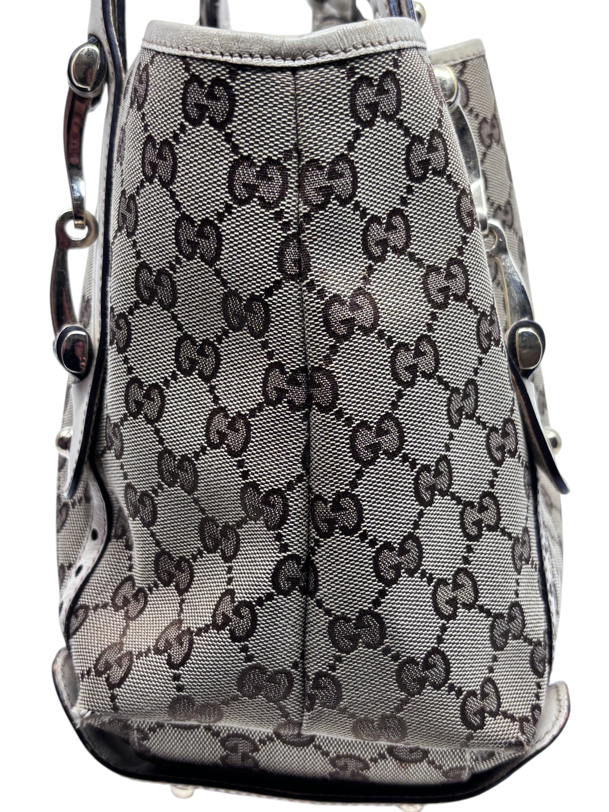Posh Purse Co preloved Gucci Pelham handbag featuring iconic beige and brown monogram canvas with silver hardware
