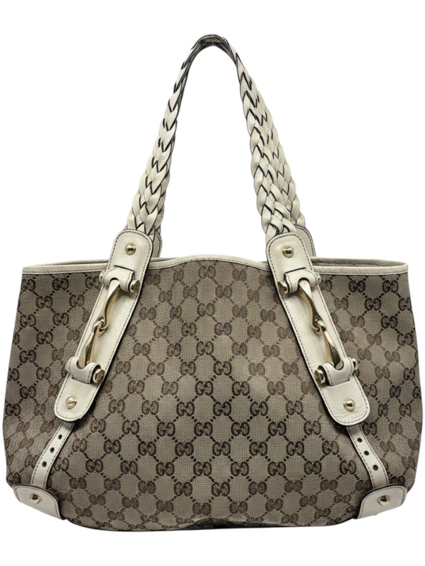 Posh Purse Co preloved Gucci Pelham handbag in beige monogram canvas with white leather braided handles and trim.