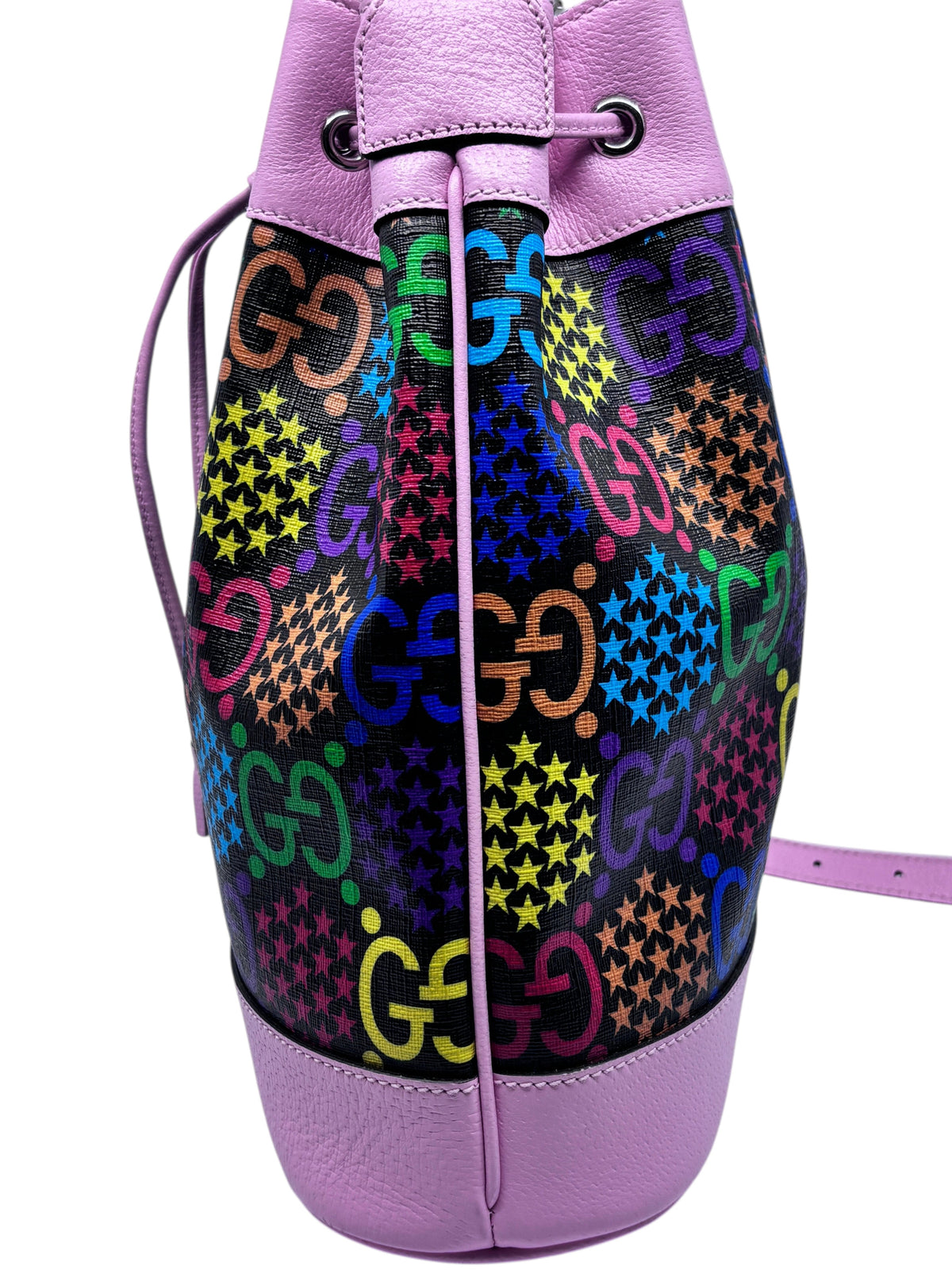 Posh Purse Co. pink Gucci GG Psychedelic bucket bag with vibrant monogram pattern and leather trim