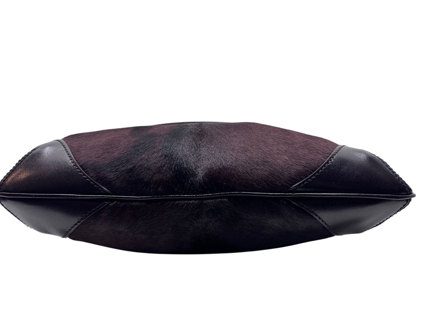 Posh Purse Co Gucci shoulder bag in dark brown pony hair with smooth leather side panels, shown from a side profile.