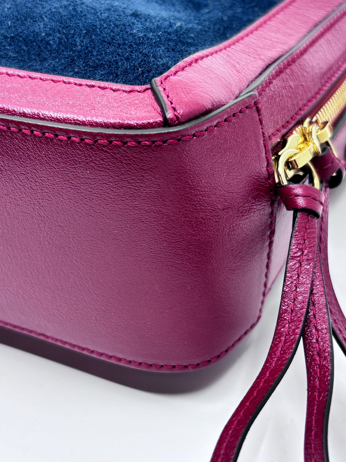 Posh Purse Co preloved Gucci camera bag in red leather and blue suede with gold-tone hardware and zipper detail