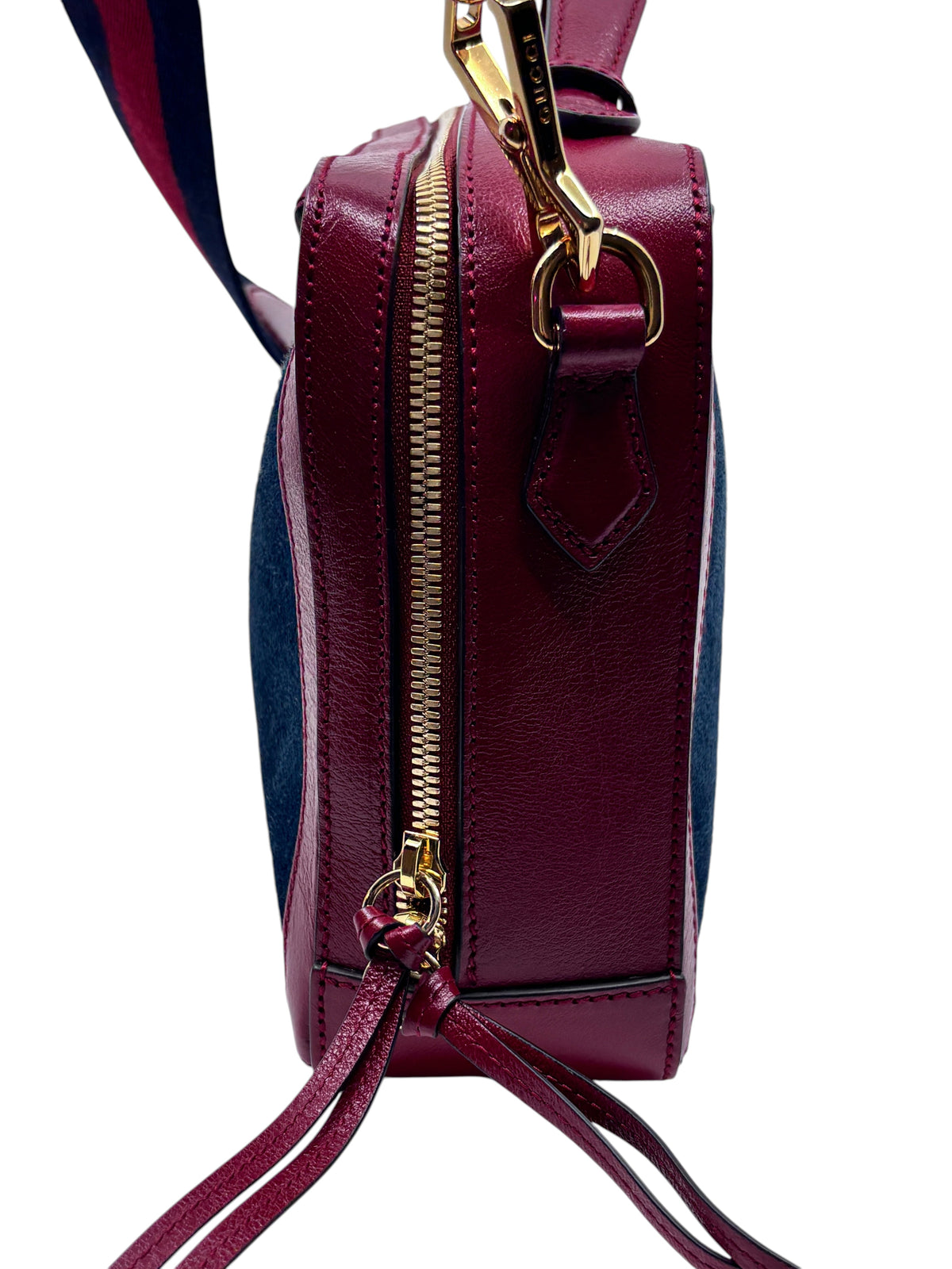 Posh Purse Co preloved Gucci camera bag in red and blue suede with gold-tone hardware and side view detail