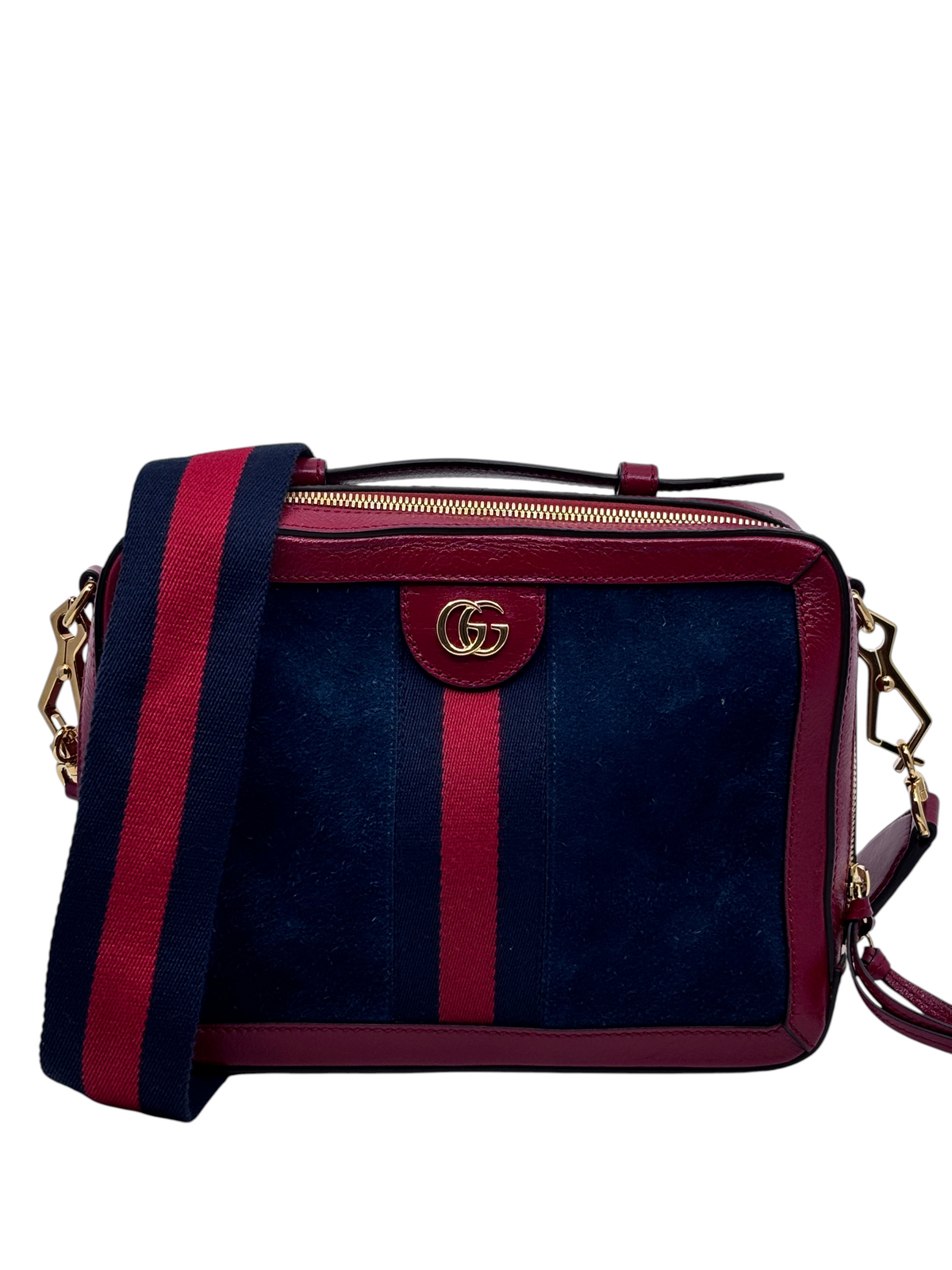 Posh Purse Co preloved Gucci camera bag in red and blue suede with gold-tone hardware and striped crossbody strap