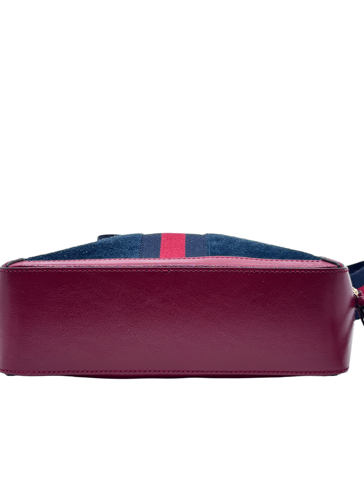 Posh Purse Co preloved Gucci camera bag in red and blue suede with a flat base and signature striped detailing