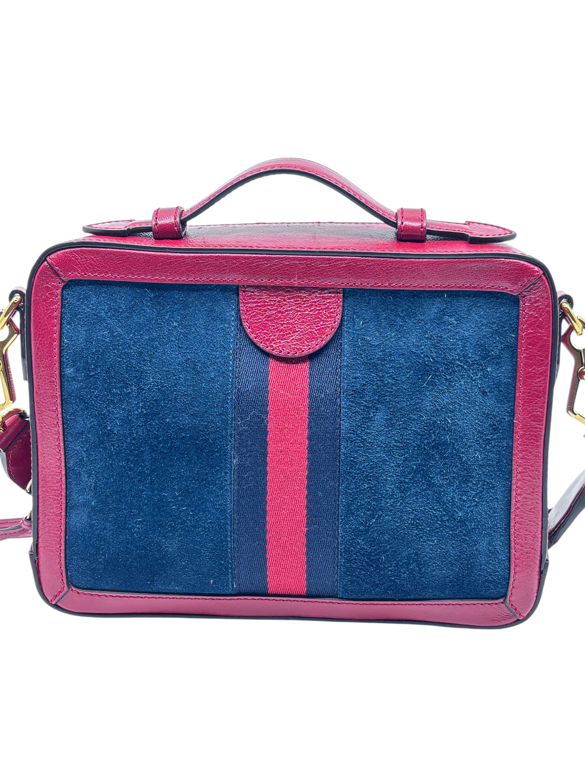 Posh Purse Co preloved Gucci camera bag in red and blue suede with a classic rectangular silhouette and top handle.