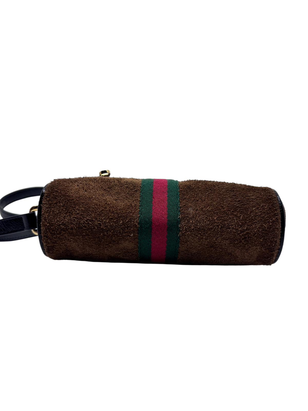Posh Purse Co brown suede Gucci Ophidia shoulder bag featuring the iconic red and green web stripe detail.