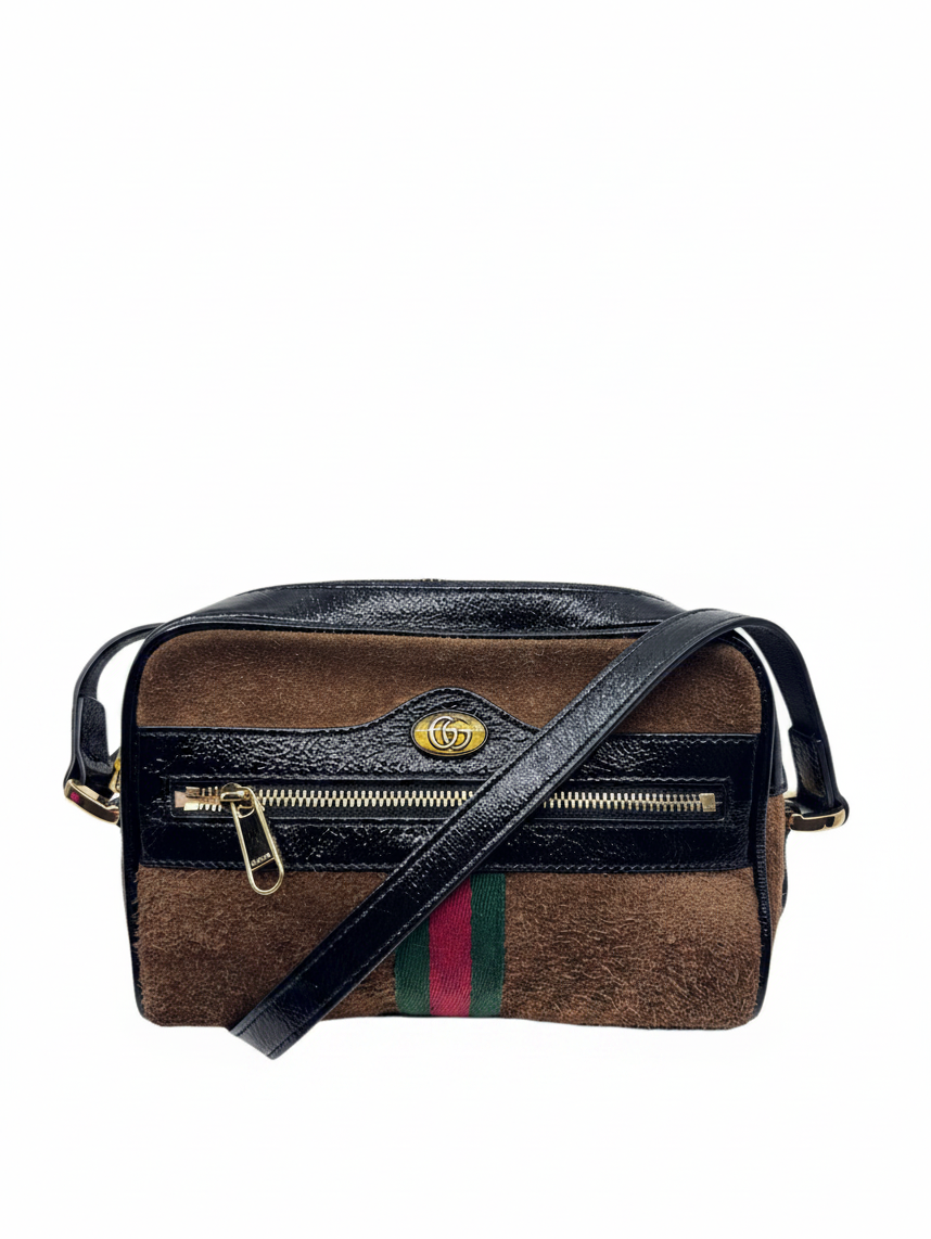 Posh Purse Co brown suede Gucci Ophidia shoulder bag with signature red and green stripe and gold hardware