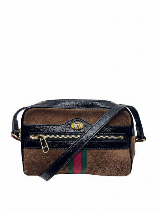 Posh Purse Co brown suede Gucci Ophidia shoulder bag with signature red and green stripe and gold hardware