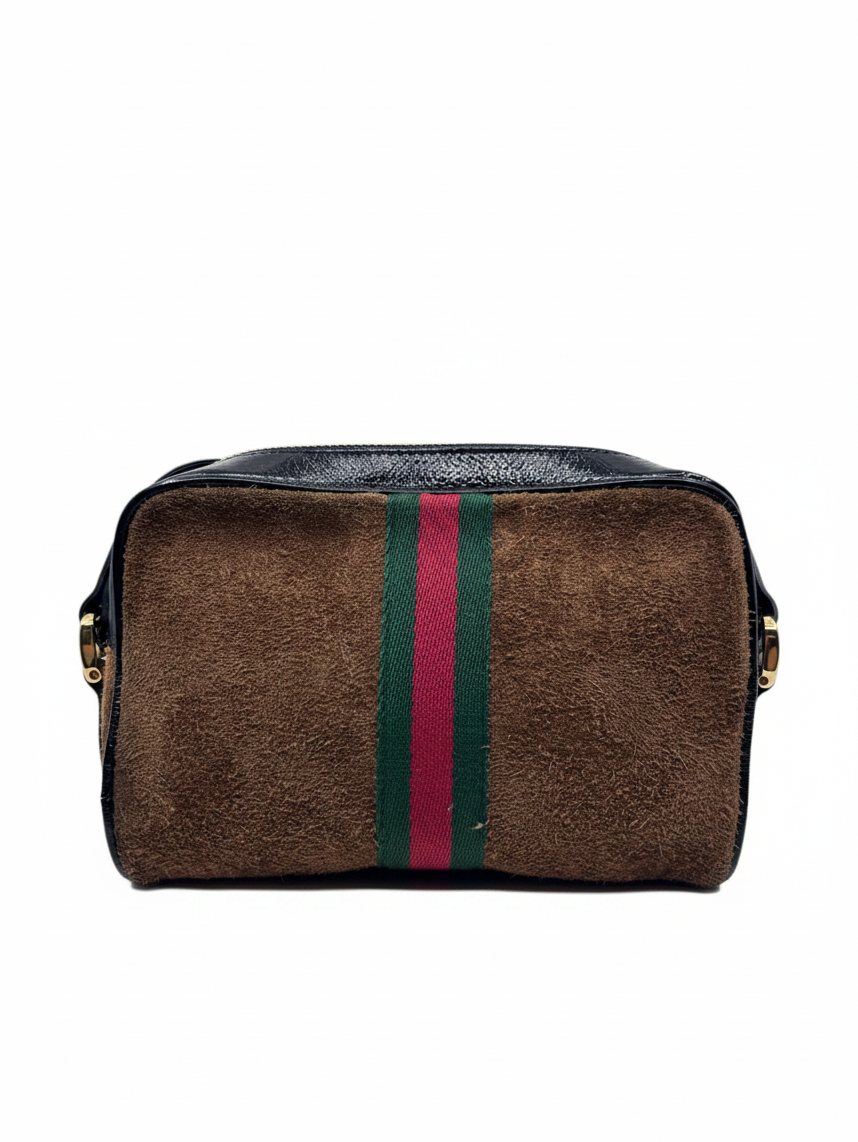 Posh Purse Co brown suede Gucci Ophidia shoulder bag with iconic red and green web stripe and black leather trim