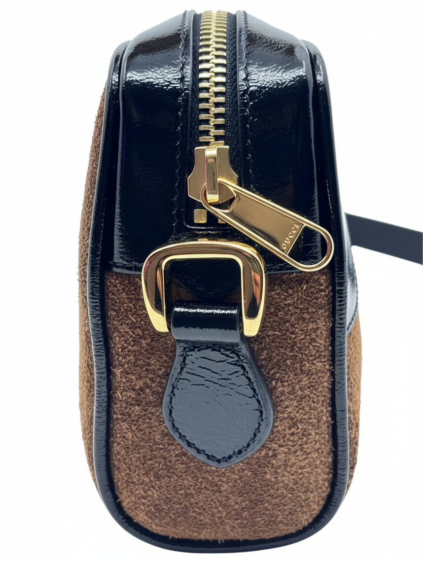 Posh Purse Co Gucci Ophidia shoulder bag side view showing brown suede texture, black patent leather, and gold hardware