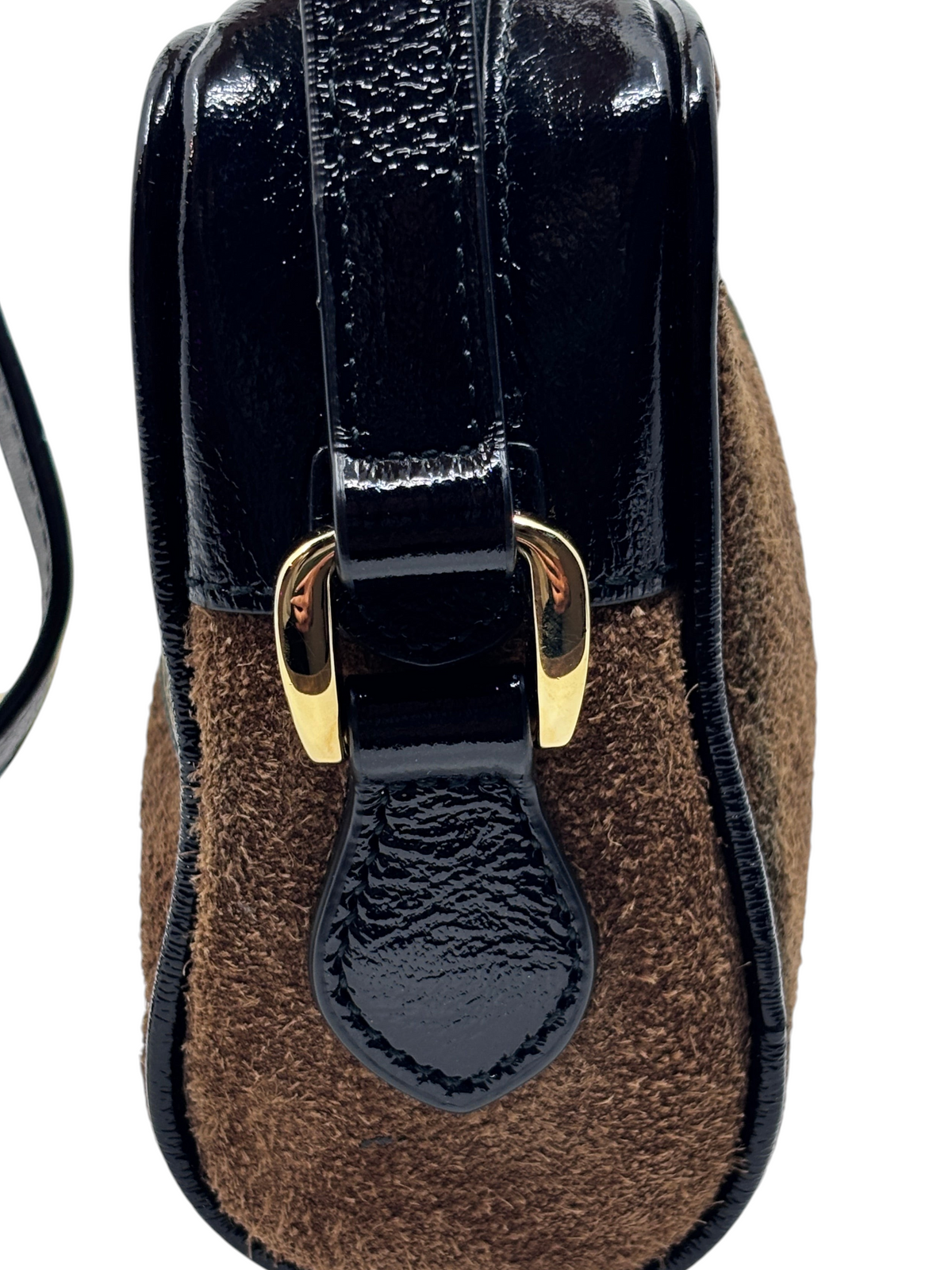 Posh Purse Co Gucci Ophidia shoulder bag side view featuring brown suede and black patent leather with gold hardware