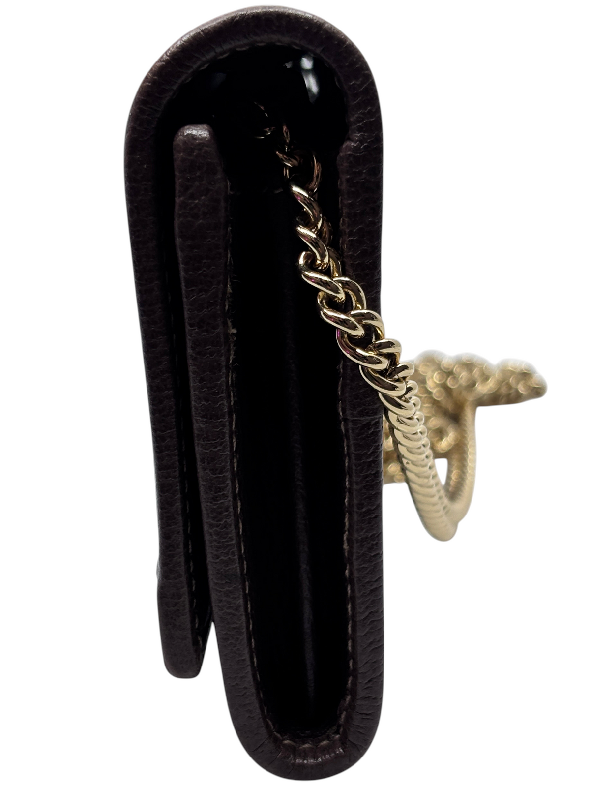 Posh Purse Co. preloved Gucci monogram wallet on chain featuring a dark brown leather side profile and gold chain