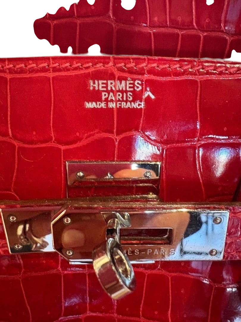 Posh Purse Co Hermes Birkin 30 crocodile embossed leather handbag in Braise red with palladium hardware closure.