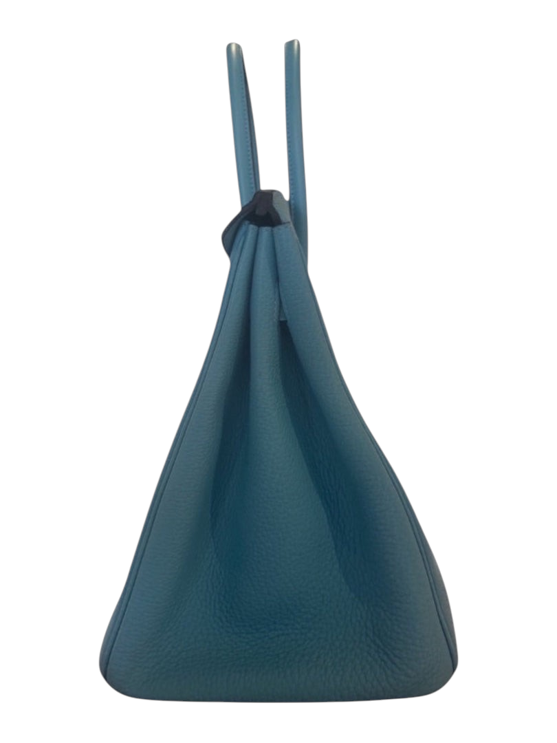 Posh Purse Co Hermès Birkin 35 in Bleu du Nord Togo leather with side view showing structured silhouette