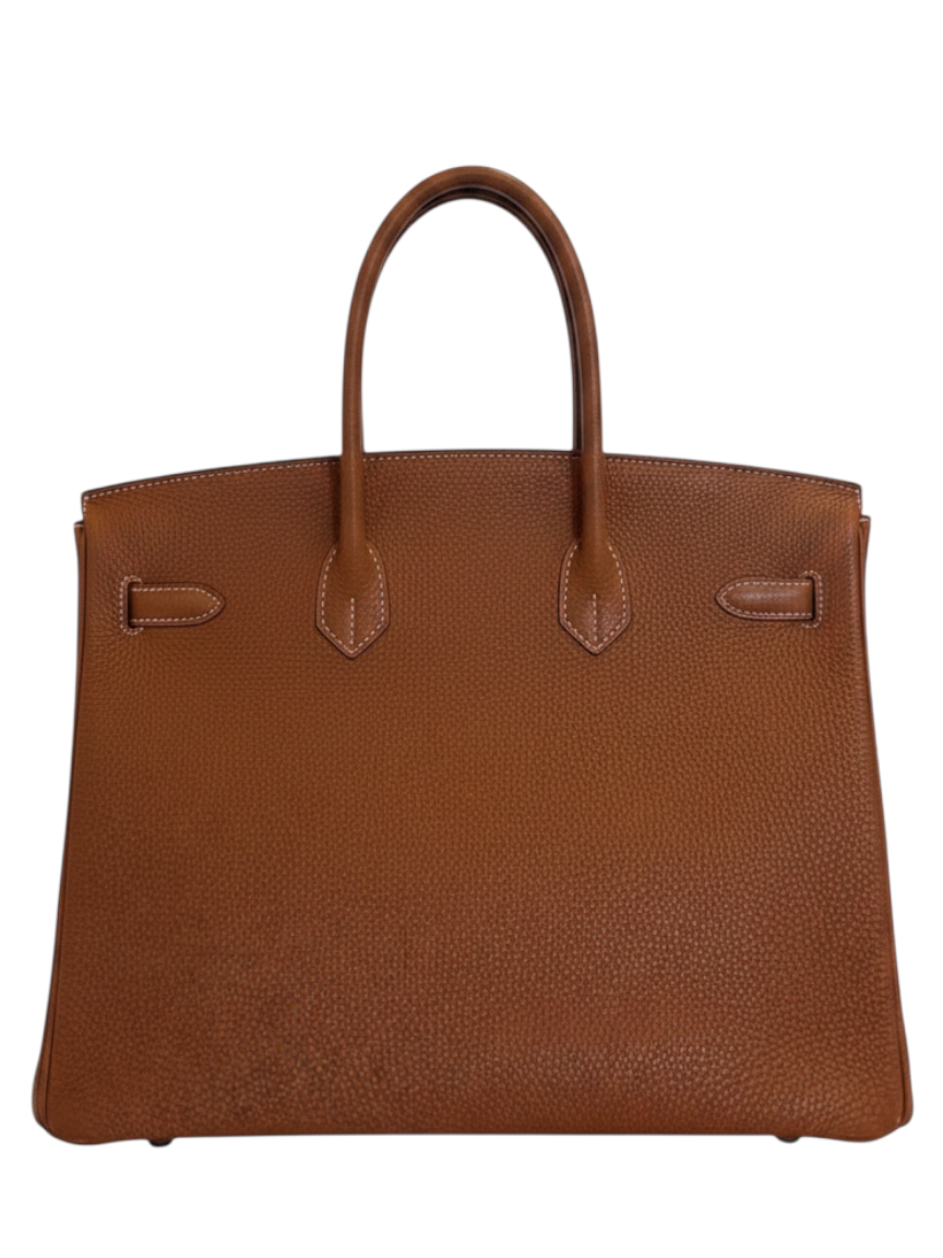 Posh Purse Co. Hermès Birkin 35 handbag in gold Togo leather with dual rolled handles and signature silhouette.