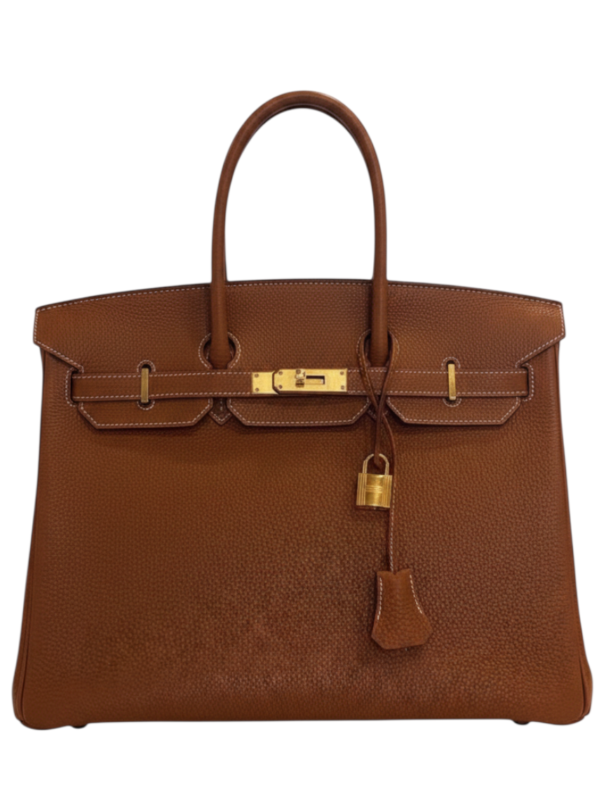 Posh Purse Co. Hermès Birkin 35 in gold Togo leather with iconic gold hardware and signature turn-lock closure.