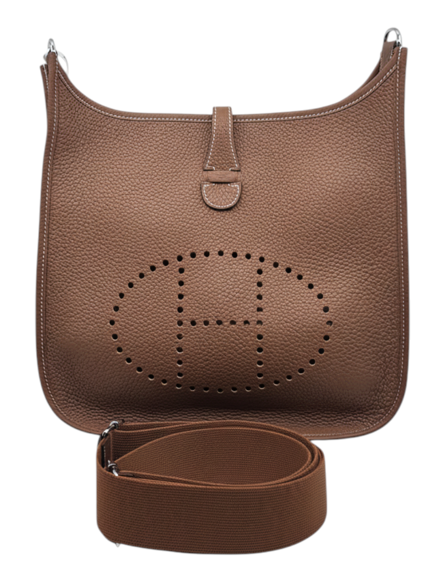 Posh Purse Co brand new Hermès Evelyne bag in gold leather with signature perforated H motif and crossbody strap