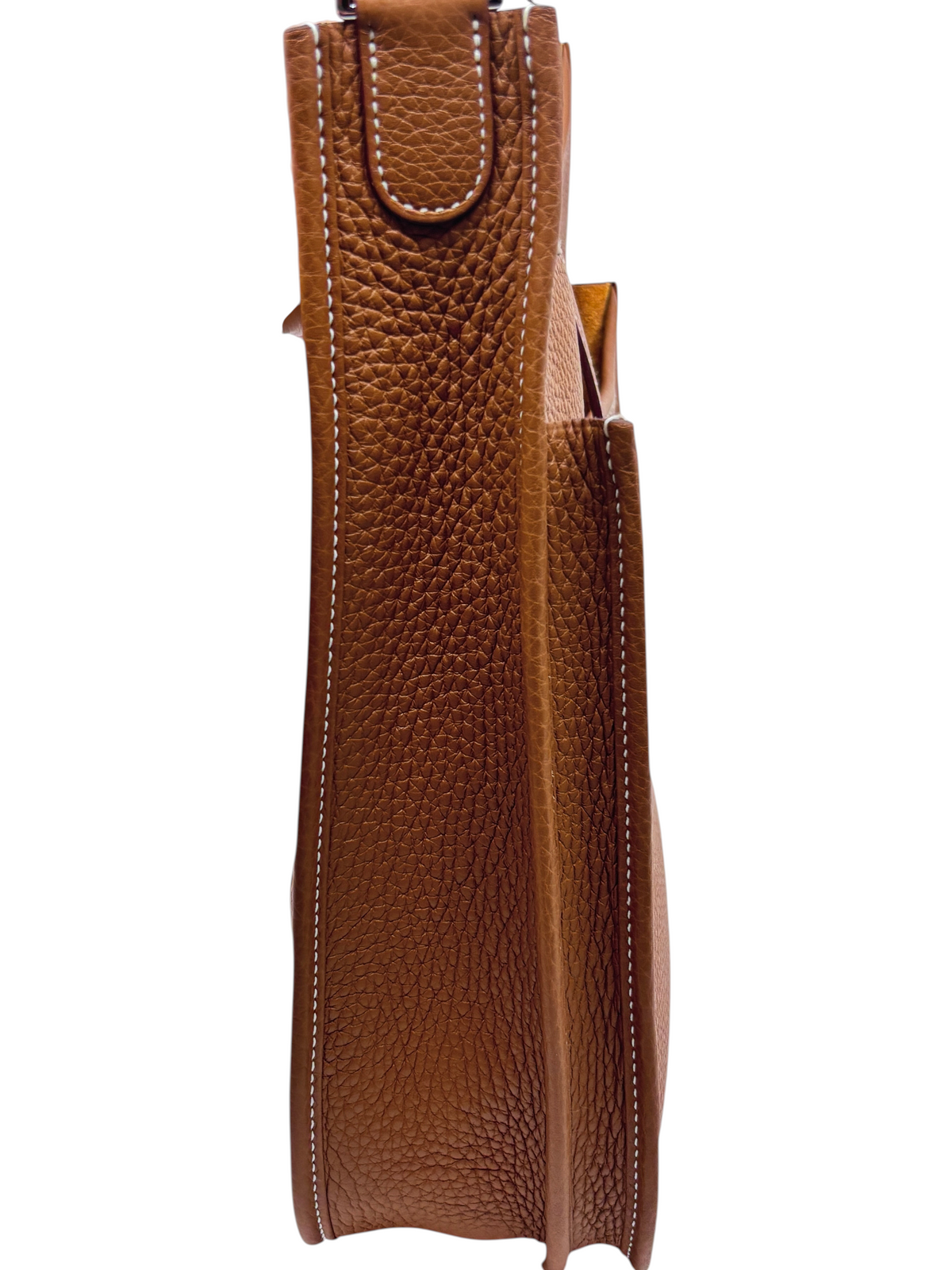 Posh Purse Co brand new Hermes Evelyne bag in gold leather with white contrast stitching, side view