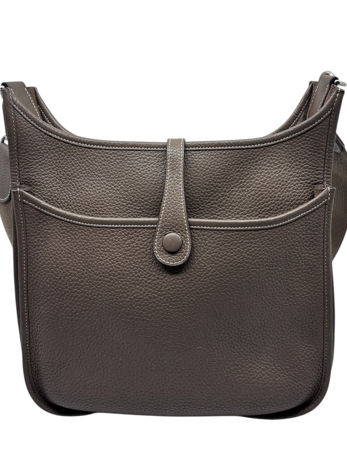 Posh Purse Co. preloved Hermes Evelyne PM bag in etoupe Taurillon Clemence leather with signature perforated H design.