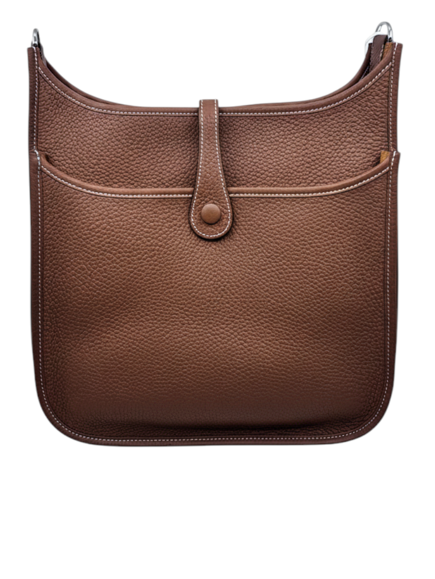 Posh Purse Co brand new gold leather Hermes Evelyne crossbody bag with signature perforated H motif and snap closure