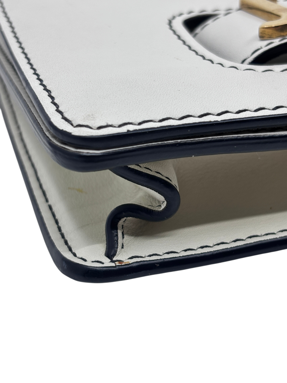 Posh Purse Co ivory Dior J'adior chain flap bag showing detailed leather stitching and black edge painting