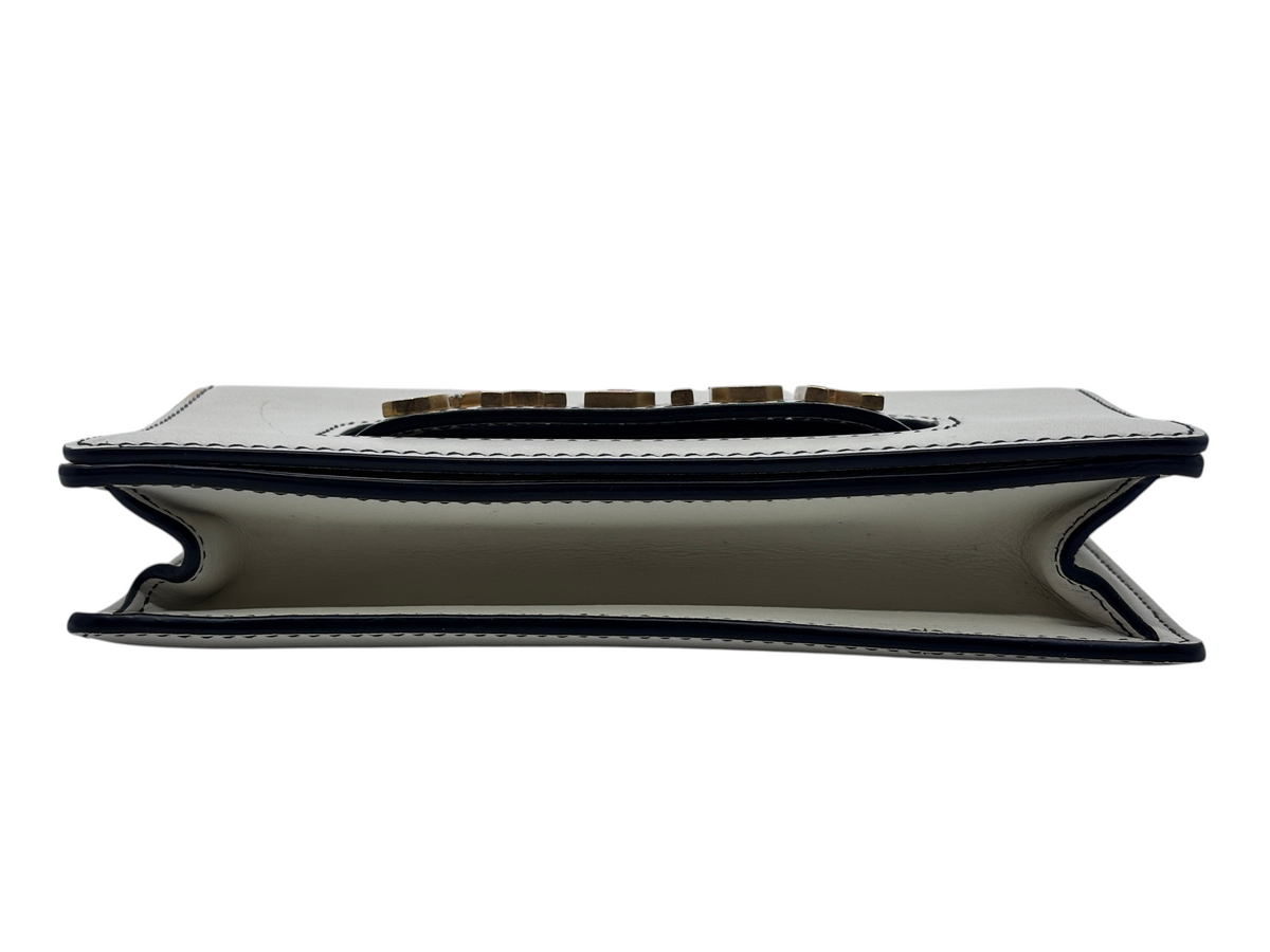 Posh Purse Co ivory Dior J'adior chain flap bag viewed from the top showing the structured silhouette and hardware