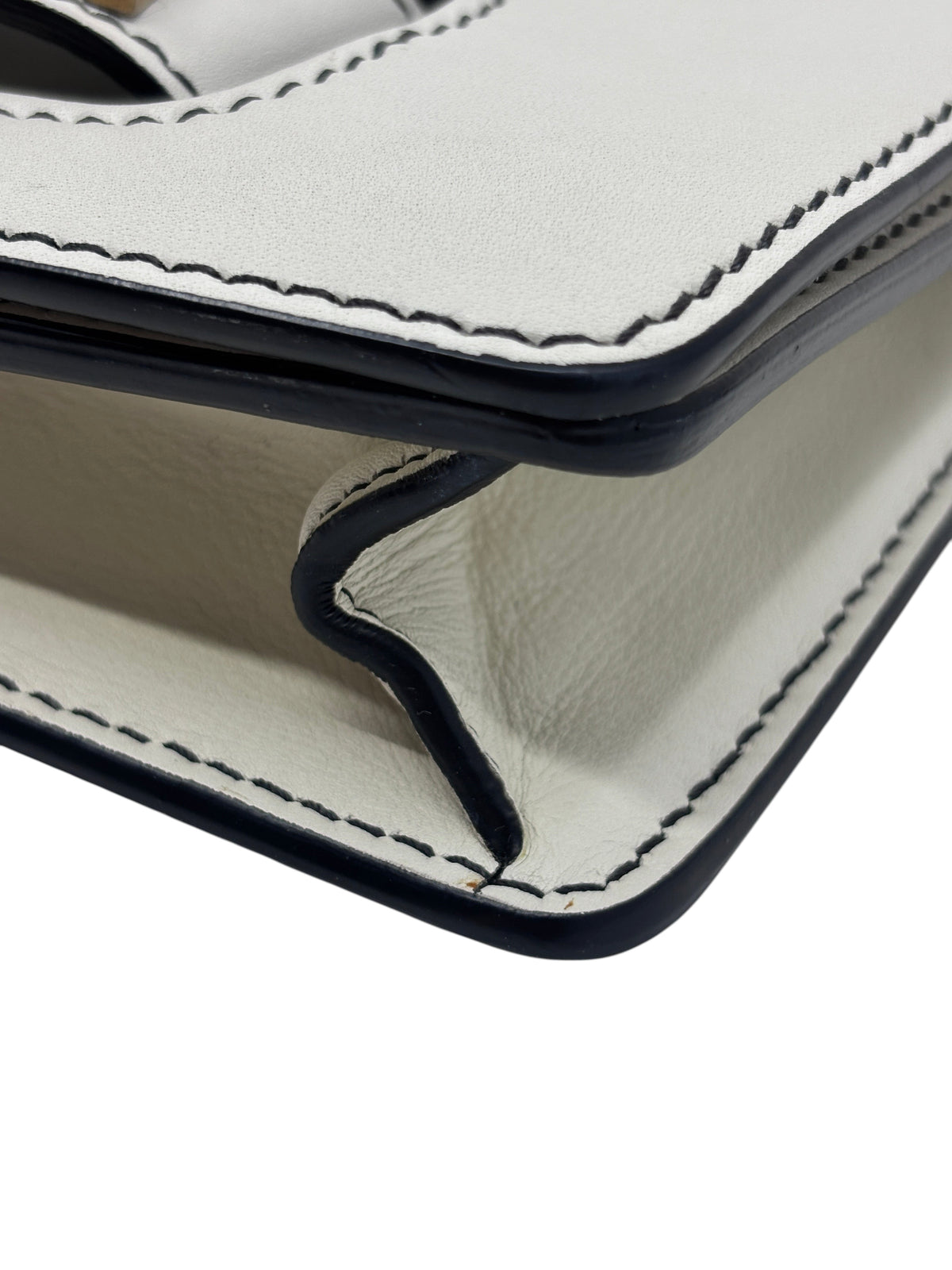 Posh Purse Co ivory Dior J'adior chain flap bag showing detailed leather stitching and side gusset construction
