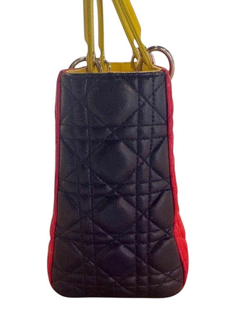 Posh Purse Co Lady Dior multicolor cannage leather handbag with black, red, and yellow accents and gold-tone hardware.