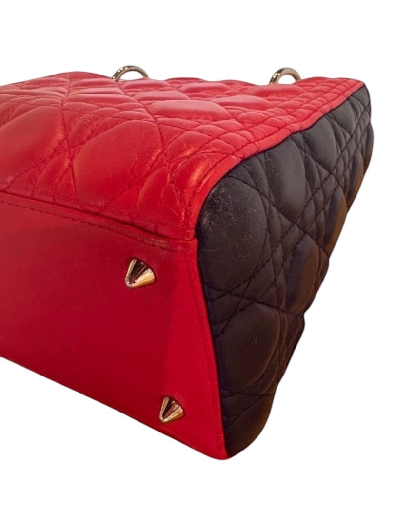 Posh Purse Co Lady Dior multicolor cannage leather handbag with red and black panels and gold-tone hardware.