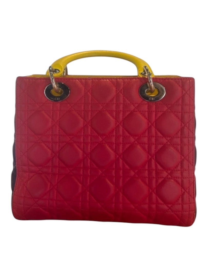 Posh Purse Co Lady Dior multicolor cannage leather handbag with yellow top handle and gold-tone hardware.