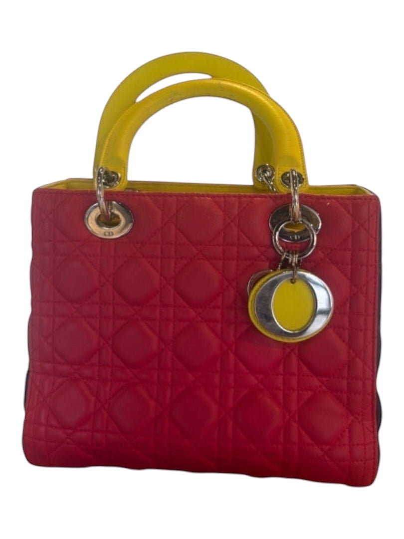 Posh Purse Co Lady Dior multicolor cannage leather handbag with yellow handles and gold-tone DIOR charm.