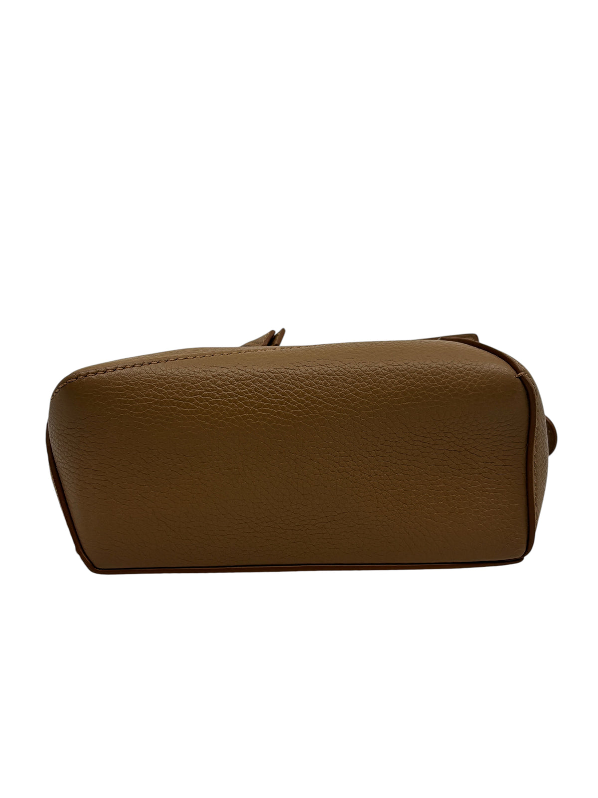 Posh Purse Co Loewe Mini Puzzle bag in tan pebbled leather, showing the flat base view of the luxury handbag.