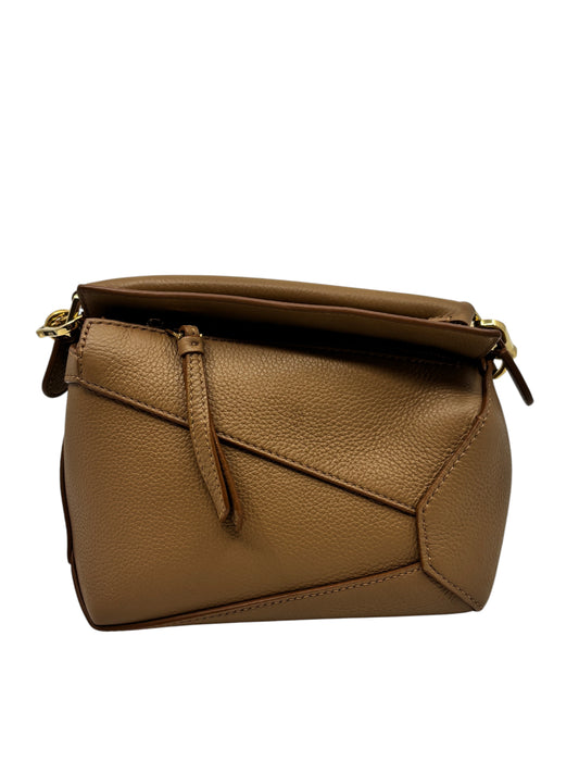 Posh Purse Co preloved brown leather Loewe Mini Puzzle bag with signature geometric panels and gold hardware.